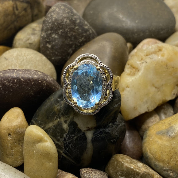 14K Gold Vermeil Blue Topaz and White Topaz ring set in 925 Sterling Silver